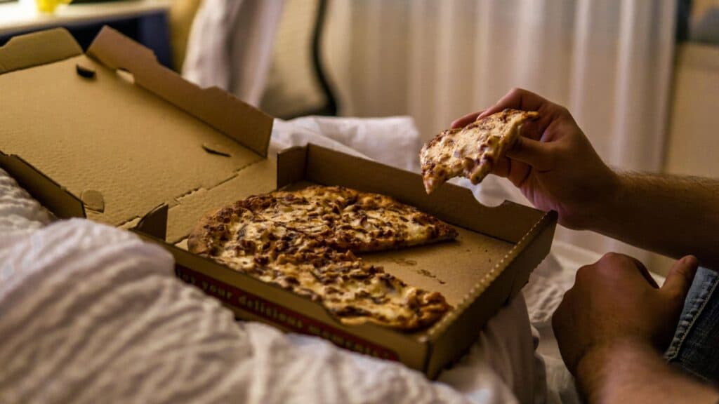 Persona comiendo una porción de una caja de pizza